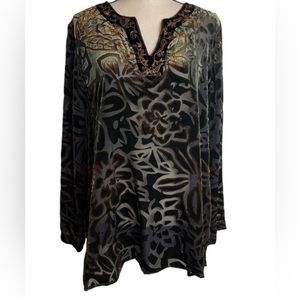 Chico’s Juniper Curry Tunic Velvet Burnout Tunic Gold Beads Split Hem Medium
